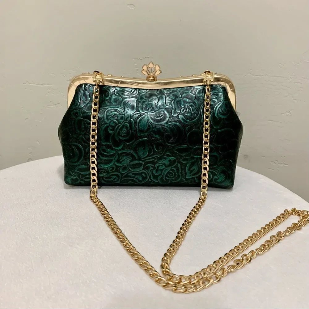 Handmade Genuine Leather Floral Embossed Push-lock Wristlet/Crossbody/Eveningbag